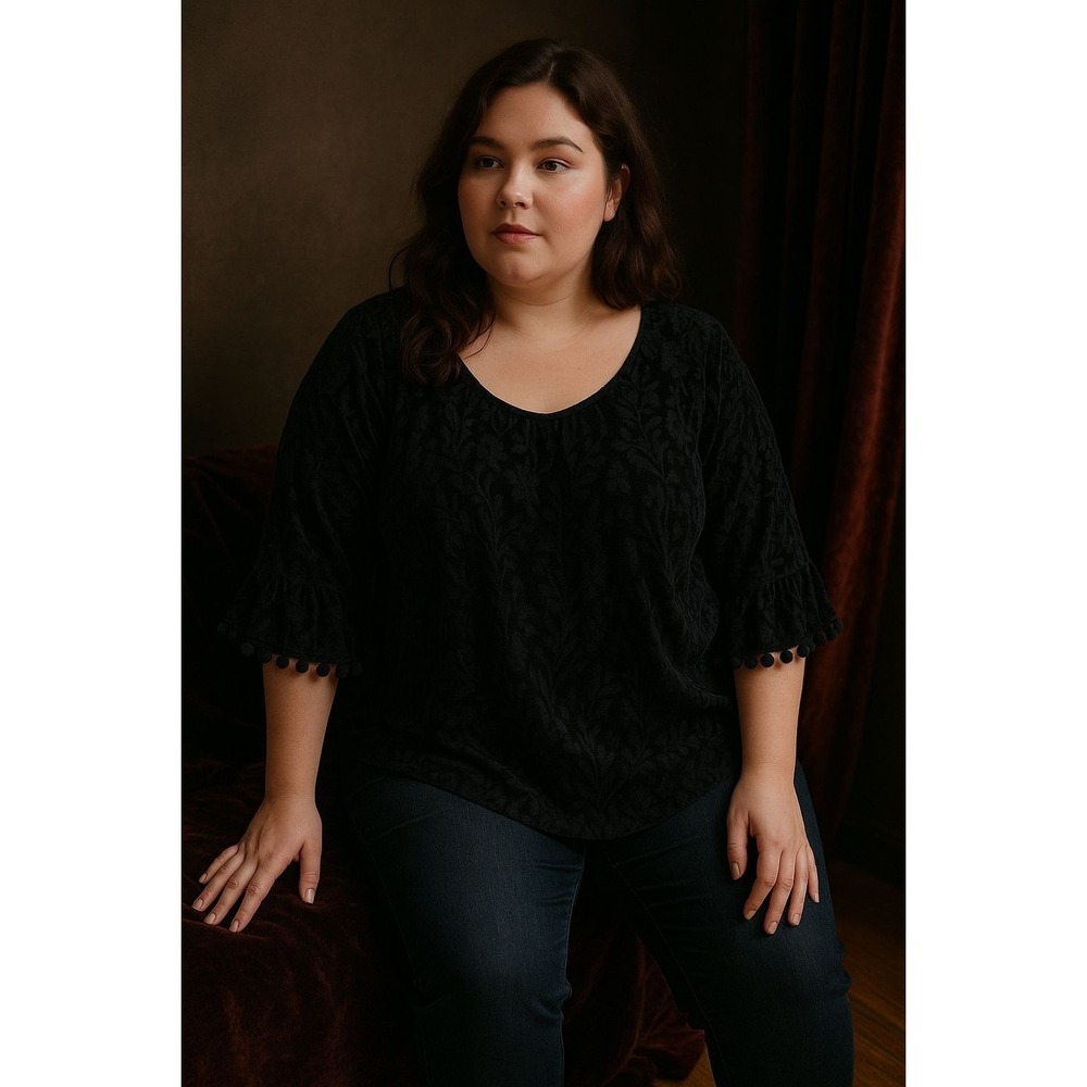 Womens Sheer Velvet Burnout Top Plus Size 0X Black Pom‎ Pom Sleeve Romantic Chic
